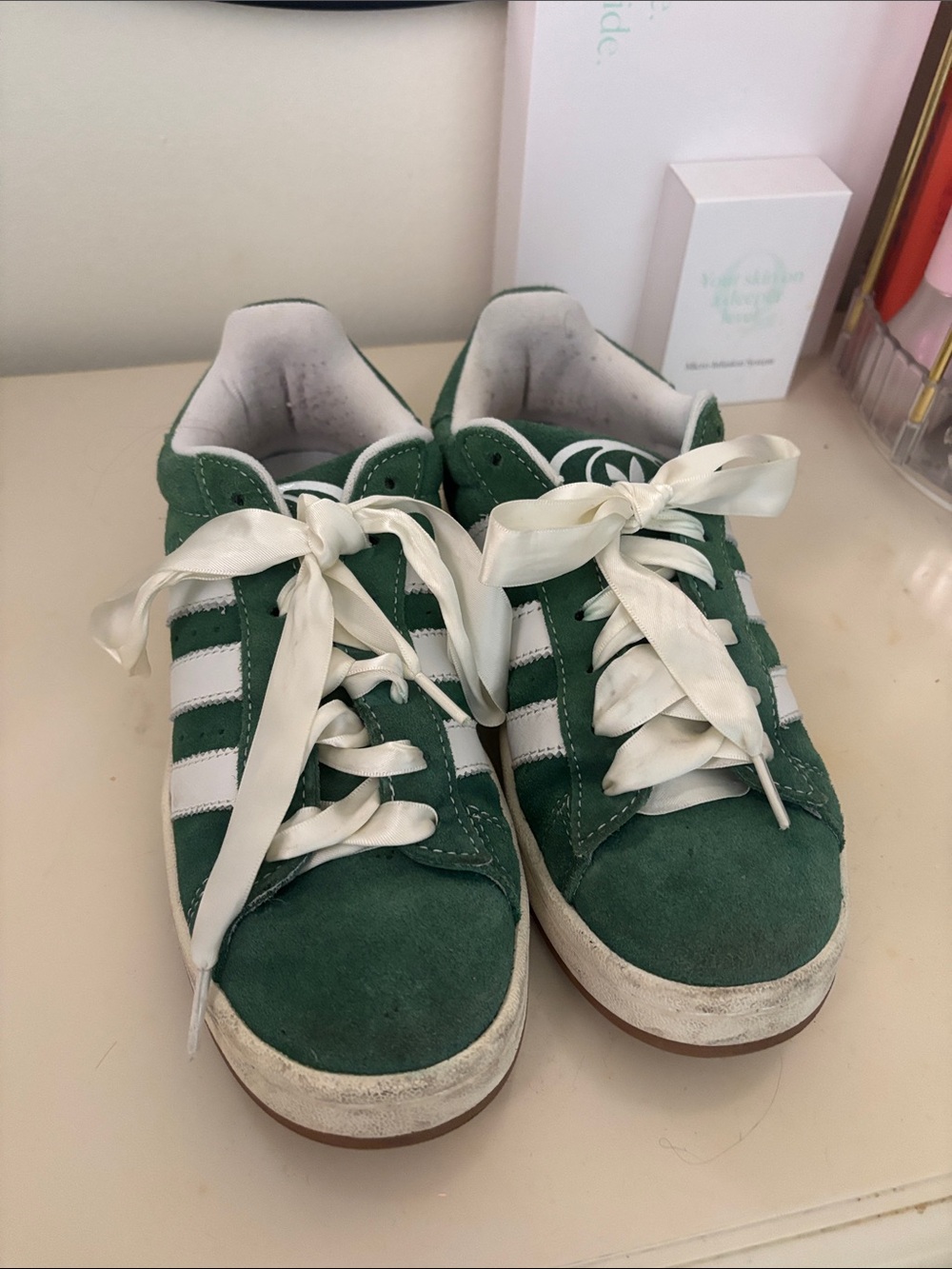 adidas campus  Green Suede Sneakers with White Stripes and Satin Laces